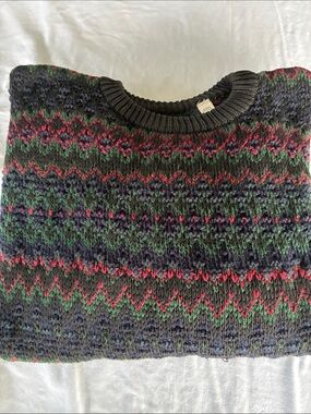 Vintage Men's Crewneck Fair Isle Sweater in Black with Red & Green Accents